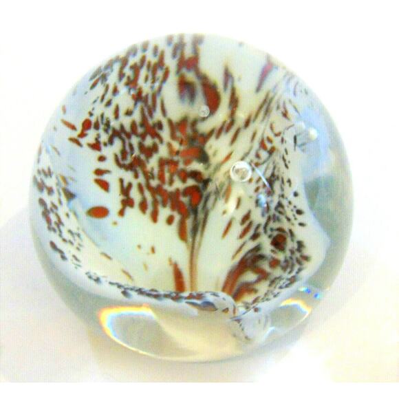 White Spotted Speckled Flower GLASS PAPERWEIGHT 3" Ball Flat Bottom Floral Decor - Picture 3 of 4